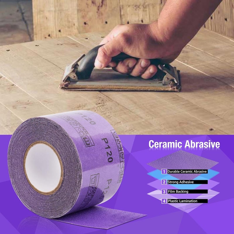 FASTPLUS 40 Grit PSA Purple Film Ceramic Sandpaper Roll, 2-3/4" Wide Continuous 10 Yard Longboard Sanding Roll Wet Dry Sanding Blocks Self Adhesive Sticky Back Sanding Sheets for Woodworking Automotive - Image 4